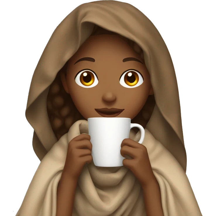 light brown girl with wavy hair drinking a latte with a blanket over her head emoji