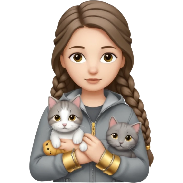 a white girl with long brunette hair in braid that is over her shoulder. shes holding a grey cat. the girl has long lashes and has on a grey zip up that is half way zipped  and under a white shirt and gold jewelry that is gold bracelets. emoji