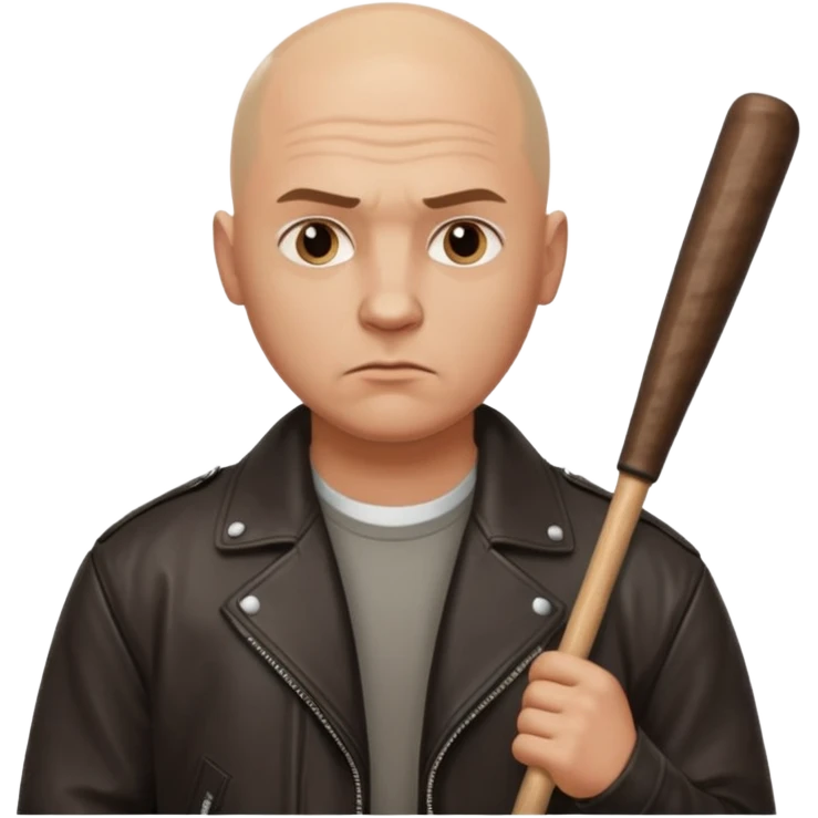 Bald Russian 1990s gangster emoji, leather jacket, , serious face with a bat emoji