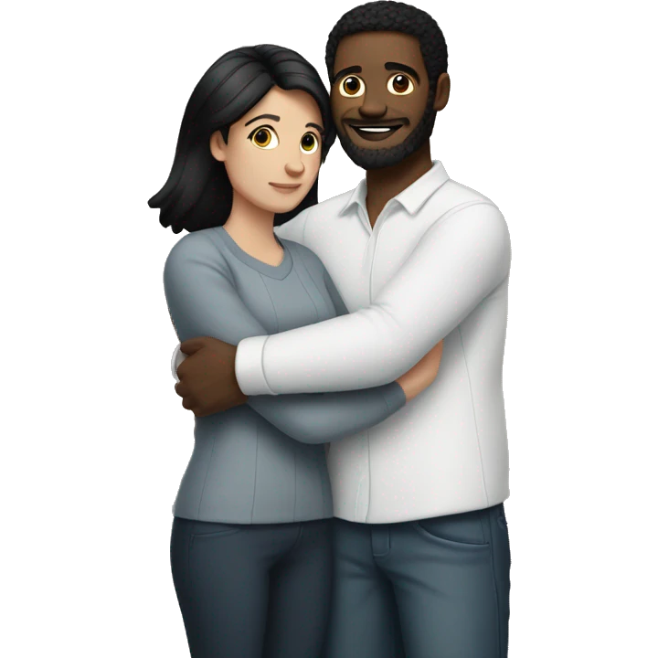 Black-haired white woman with a man hugging a black-haired white man emoji