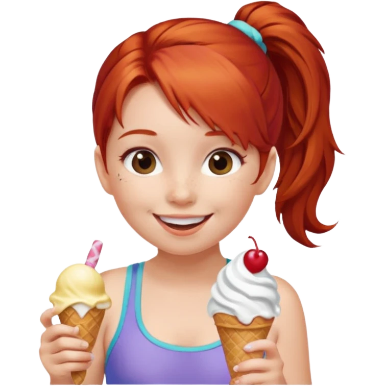 girl kid red haired swimsuit, eating ice cream, ponytail emoji