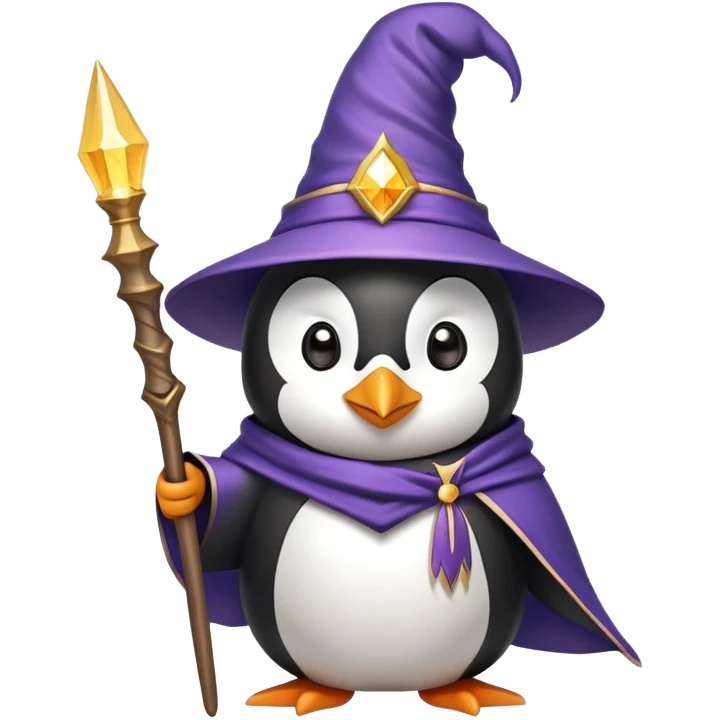 penguin dressed as a wizard with a magical wand and pointy hat emoji