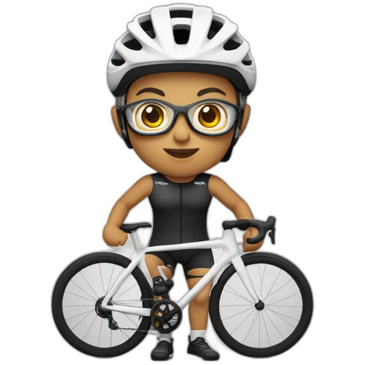 Ciclista de piel morena clara de contextura delgada estatura alta con zapatillas de ruta blancas licras negras y maillot blanco casco blanco y gafas negras con barba regular emoji