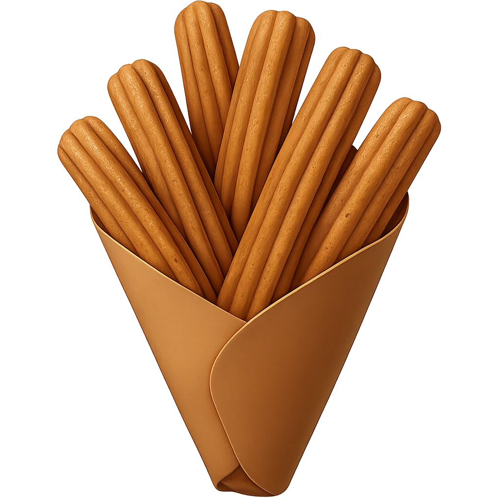 Remove the chocolate drizzle from the pile of churros in a paper cone, showing just the pile of churros in the paper cone. Keep the background transparent. The style should match the original image's look and feel. emoji