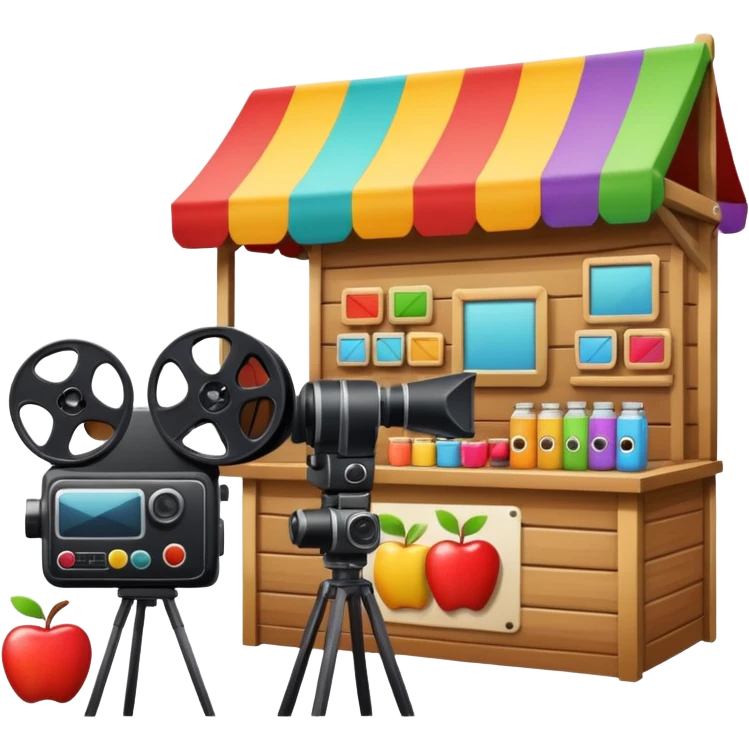 market stall with video camera and film reel, colorful and inviting, apple style emoji emoji