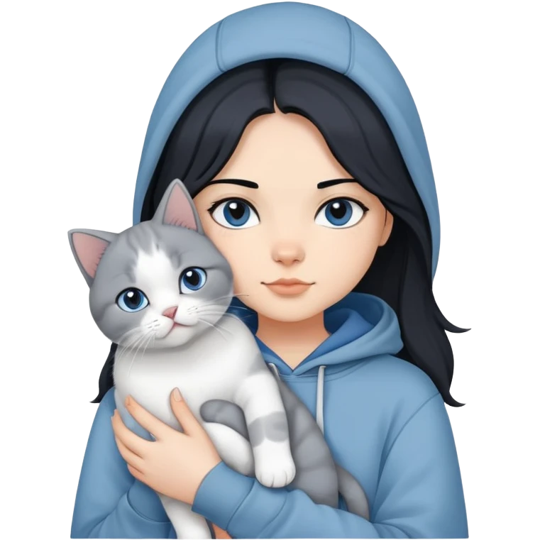 Girl with black hair wearing gray hoodie with a British shorthair blue and white cat and a long-haired blue and white cat emoji