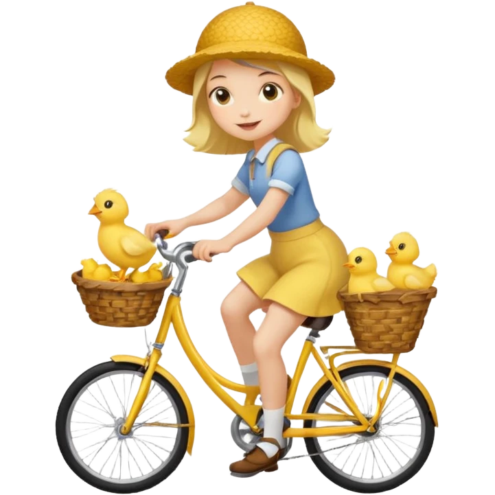 A cartoon girl riding a bicycle with a basket full of baby chicks, 1:1 square ratio. emoji