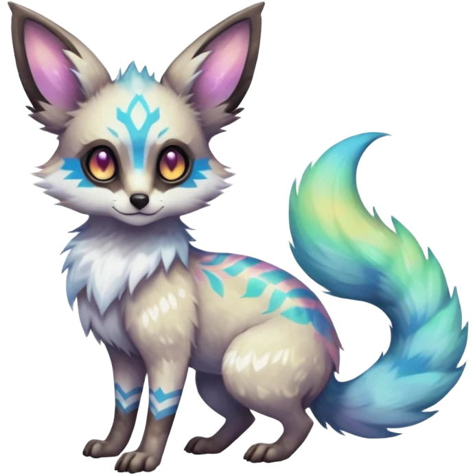 Rare iridescent white exotic epic aesthetic colorful Trico-Genet-Eevee-Genet-species-Fakemon-hybrid-creature, with intricate tattoo markings, full body emoji