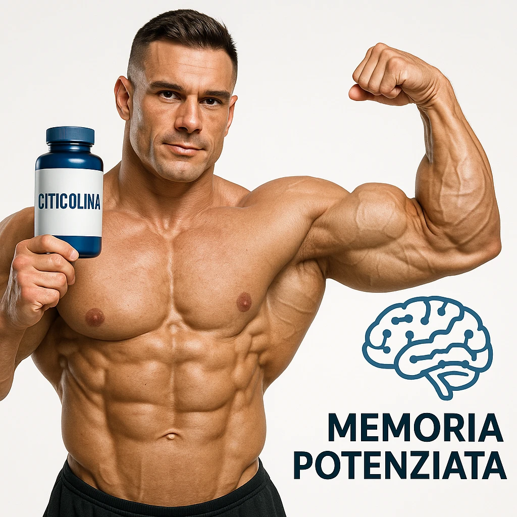 hyper realistic bodybuilder showing Citicolina and memory symbol, defined muscles, blue bottle, memory icon next to it, text 'Memoria potenziata', scientific atmosphere, white background emoji