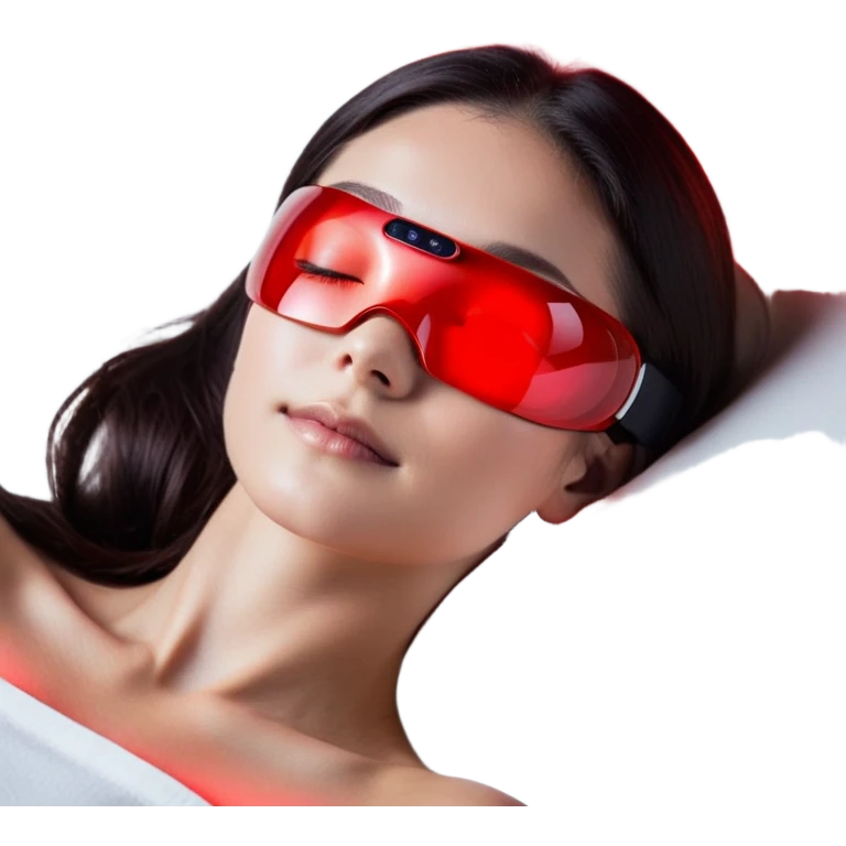 A sleek and modern red light therapy eye massager with a futuristic design. The device wraps gently around the eyes, emitting a soft red glow from its lenses, symbolizing red light therapy. The design should feel premium and high-tech, incorporating smooth, curved edges and a comfortable fit. Small heat waves or steam effects should subtly rise from the device, representing the hot compress function. A calm, relaxed face with closed eyes and a slight smile should be visible, indicating stress relief and relaxation. The background should be minimalistic but convey a sense of self-care and rejuvenation, possibly with soft sparkles or glow effects around the eyes to emphasize anti-aging and dark circle reduction." emoji
