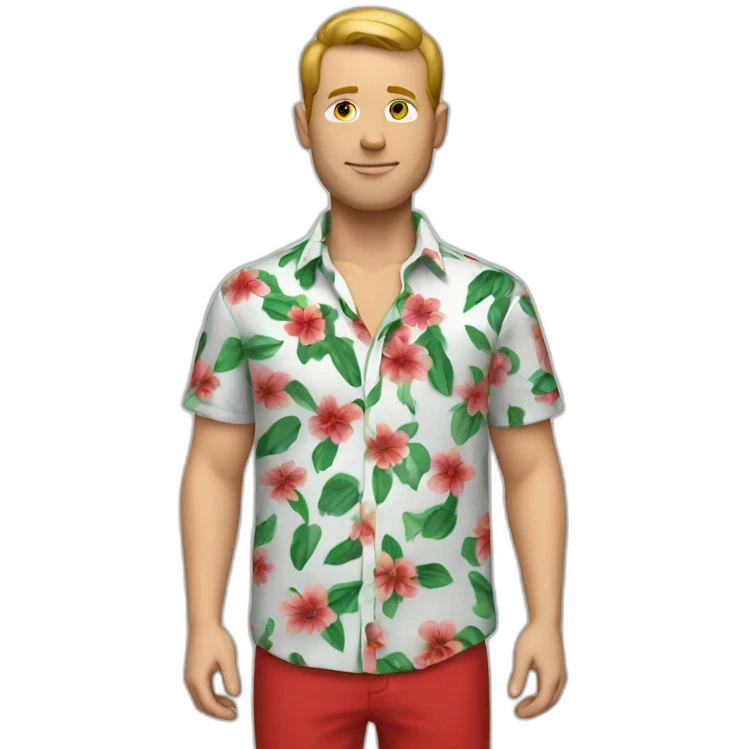 white man with a flower shirt with a red pant emoji