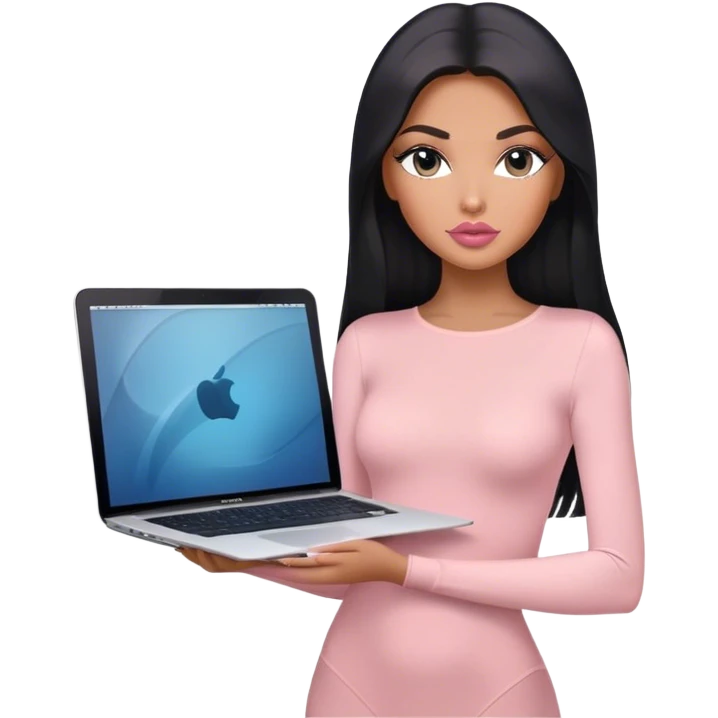 Glamours, tanned, very beautiful girl, with big pump peach-beige-rose lips, long lashes, black straight smooth silky long hair, straight parting hair, blue-grey eyes, in light-pink bodysuit holding MacBook emoji