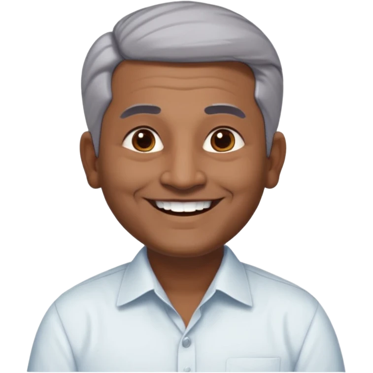 50 yr old indian man, dark skin, grey hair, big smile, white teeth, chubby, no moustache, clean shaven, young style hair, hair brushed back, 5 oclock shadow, bindy, dress shirt, forehead dot, chubby, religious emoji