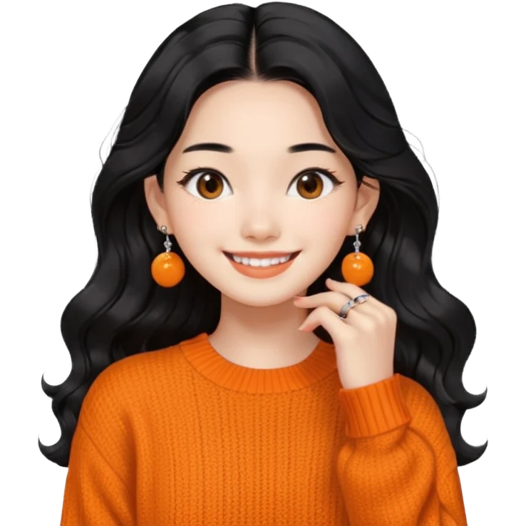 Korean 24-year-old female online shopping mall seller / Orange knit / White face / Earrings / Smiling expression / Long wavy hair / Influencer vibe / Fashionable / Black hair emoji