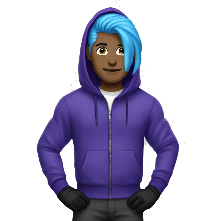 a man with blue hair, purple zipper hoodie, amarican, black pants, blue bike gloves, white skin, PURPLE ZIPPER HOODIE, BLUE HAIR, BLUE BIKE HALF THINGERD GLOVES emoji