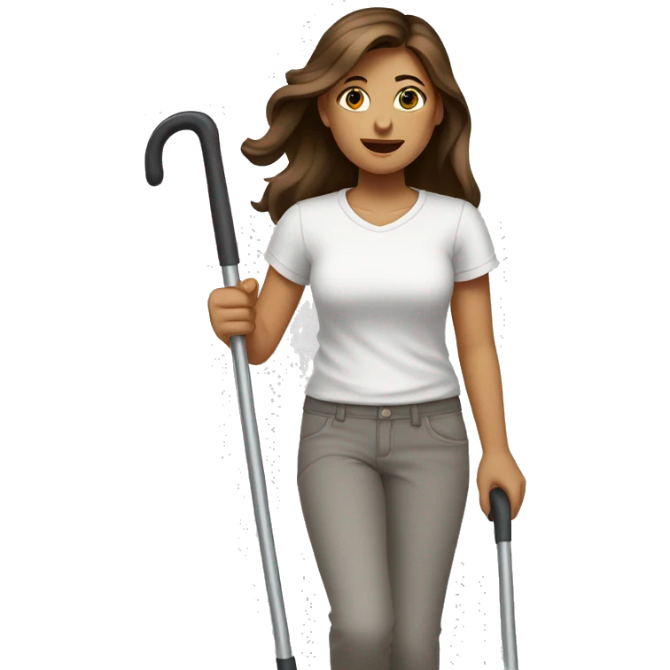 a girl in a white T-shirt and gray pants walks on crutches, she has brown hair and brown eyes emoji