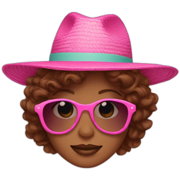 pink sunglasses on female head with wavy brown hair and a summer hat emoji
