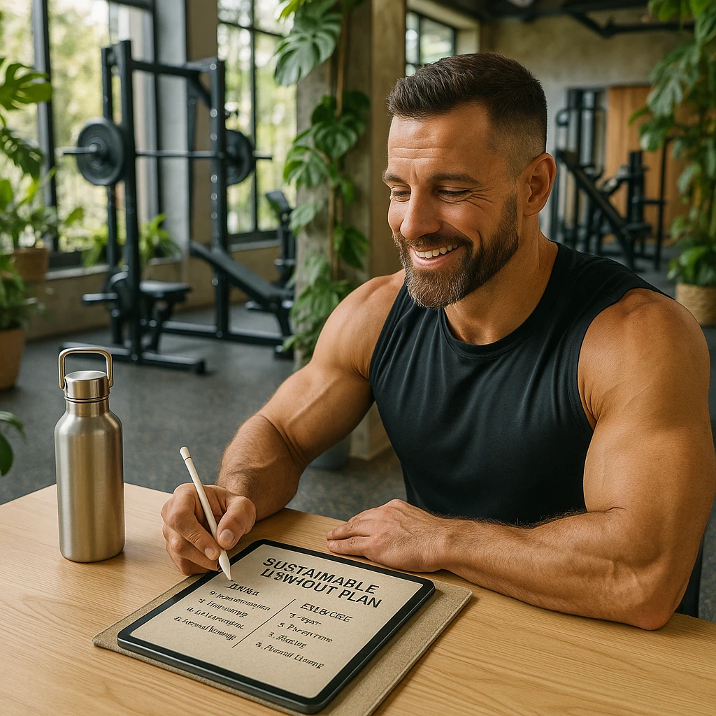 Hyperrealistic 4K image of a bodybuilding coach preparing a sustainable workout plan for his client in a modern, eco-friendly gym. Positive and motivational atmosphere. Details include reusable water bottle, notes on tablet or recycled paper, modern sustainable gym environment with plants and recycled materials. emoji