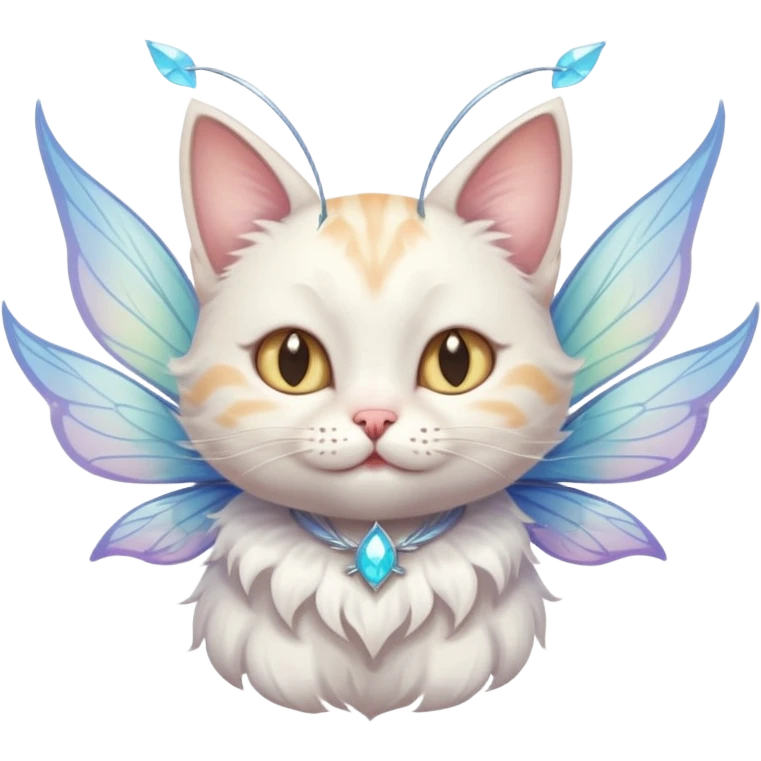 A cat with fairy wings, floating mid-air with a mischievous smirk, portrait, bust up emoji