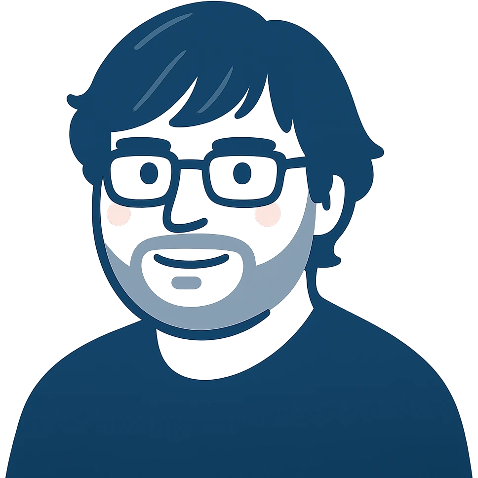 A man with glasses, stylishly messy longer hair with cool well-defined bangs, a naturally round face shape, and a broader nose. Use dark blue colors for the main outlines and details, subtle pink highlights only on the cheeks, and gray only for the short beard and shadow details where necessary. emoji