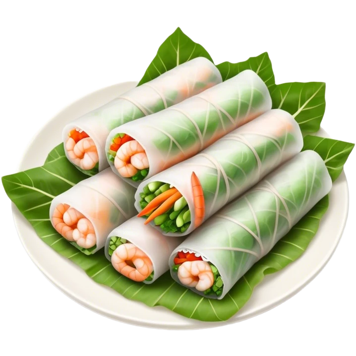 Cinematic Realistic Vietnamese Summer Rolls Dish Emoji, depicted with delicate rice paper wraps filled with fresh vegetables and shrimp rendered with crisp textures and refreshing lighting. emoji
