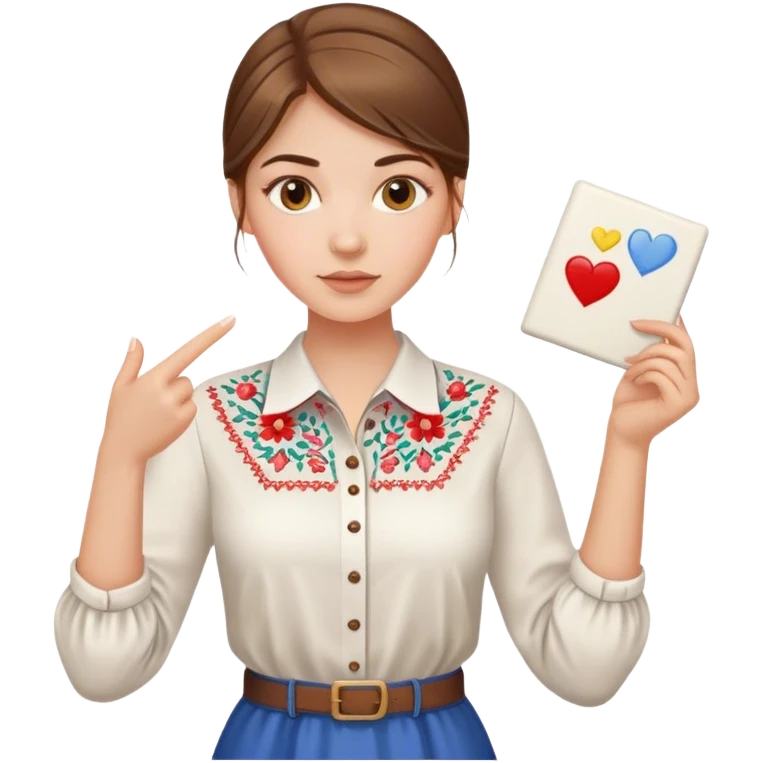 A Ukrainian girl with brown hair in an embroidered shirt holds a diagram in her hand emoji