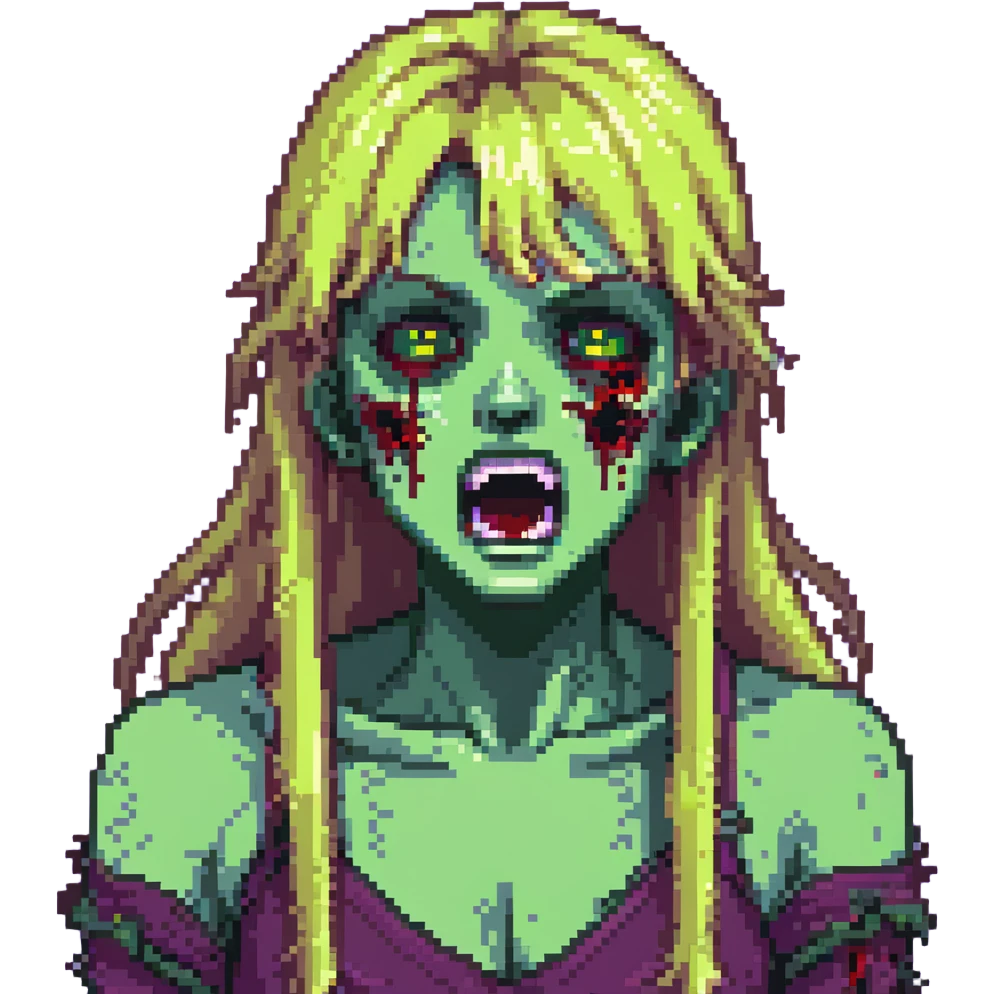 Zombie girl with green skin, bruised face, open mouth, long blonde hair with bangs emoji