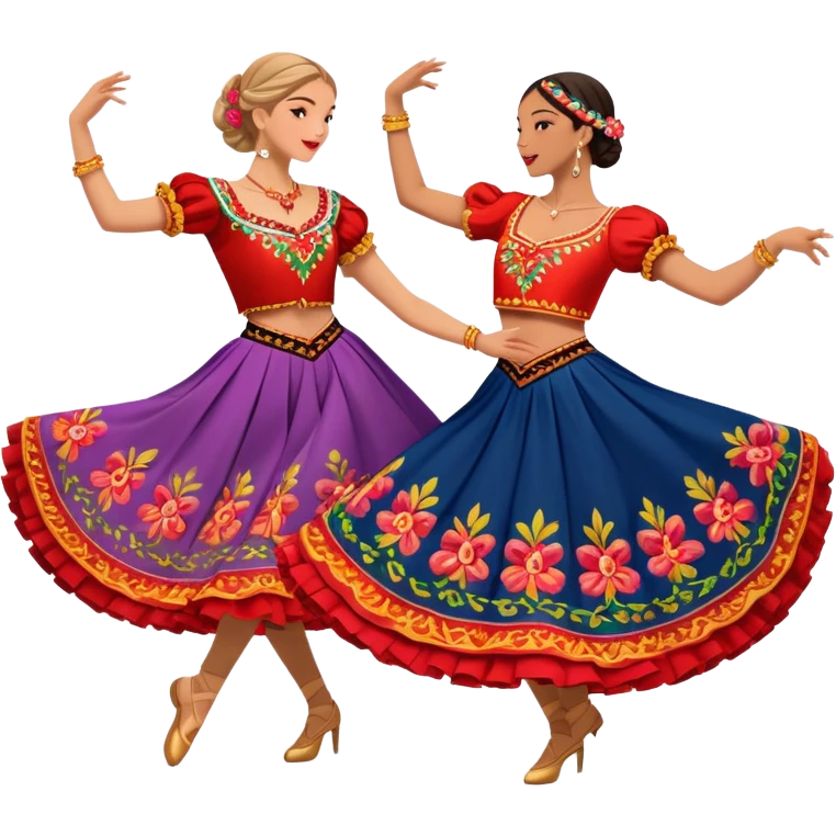 Cinematic Realistic scene of two dancers performing the Tarantella, dressed in vibrant, flowing traditional costumes with detailed embroidery and dynamic skirts, captured in festive motion with warm, lively lighting emoji