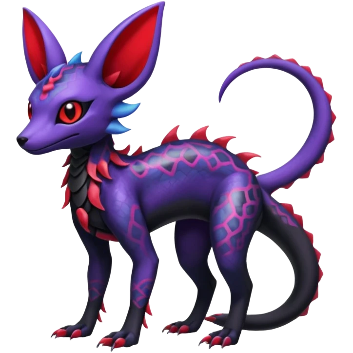 Gothic Black red purple Scaley Exotic Salandit-Umbreon-Suicune-Fakémon-hybrid-creature (full body), 4 legs emoji