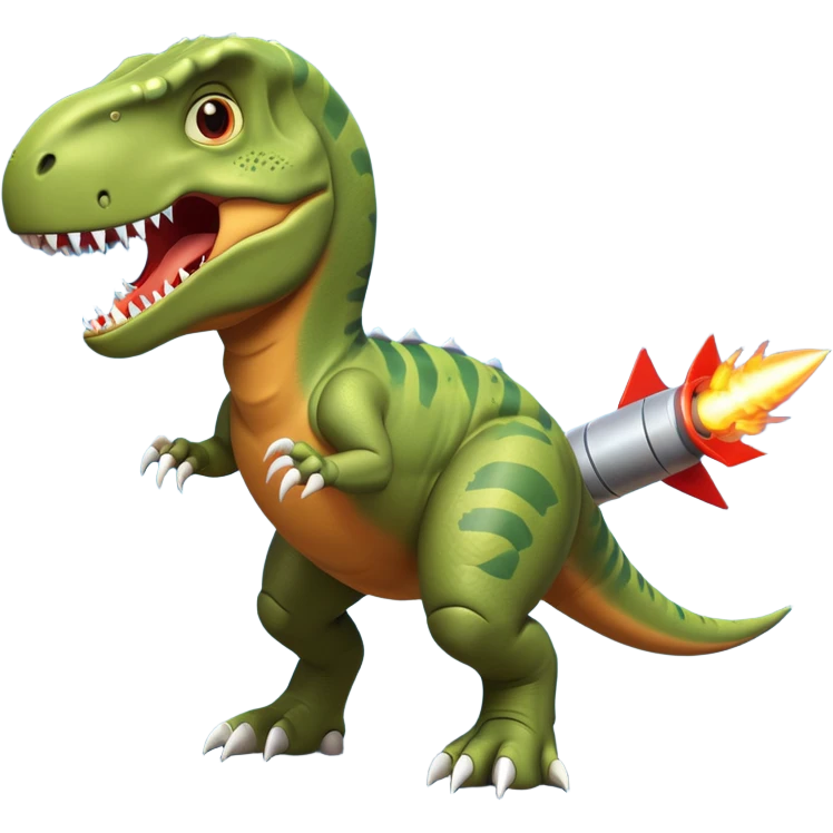 fierce rocket-propelled dinosaur, armored T-rex, rocket thrusters, intense eyes, dynamic action pose, 3D cartoon, mobile game icon style, clean background, no text, no watermark
 emoji