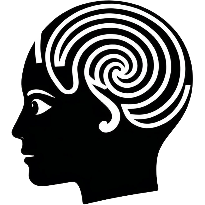 Minimalistic flat vector icon, iOS style, thin black contour on white background. Human head silhouette with spiral inside. Clean, no text, no shadows.
 emoji