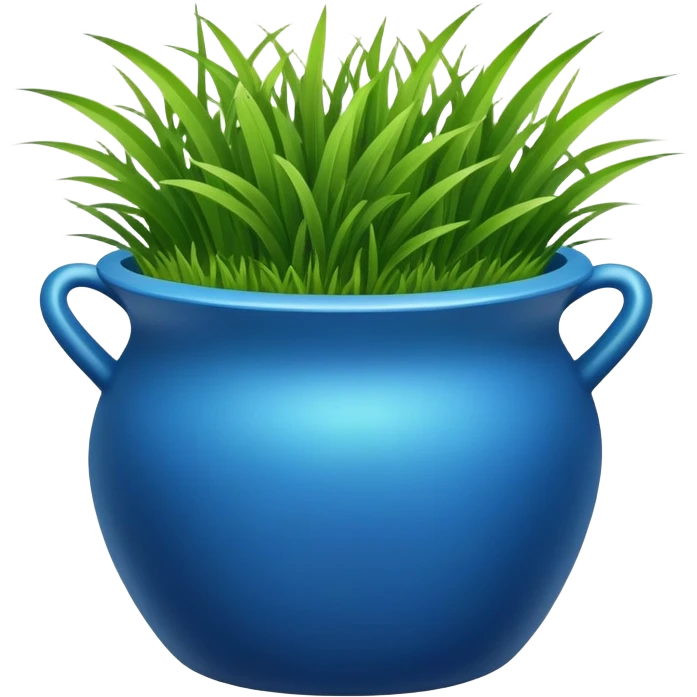 a small blue cachepot with grass leaves gathered in a pile. emoji