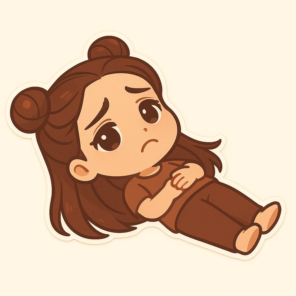 Create a chibi sticker of the girl lying on her back on the ground, looking sad with a 'not alone' vibe, featuring the double bun hairstyle as shown in the reference image. emoji