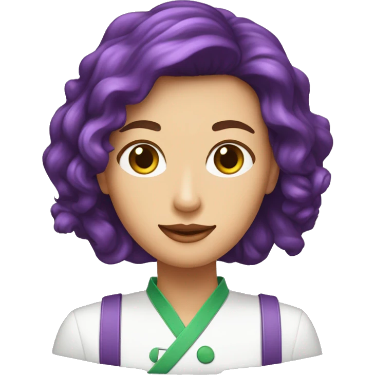Crea una nutricionista vestida de morado con el pelo cafe y ojos verdes emoji