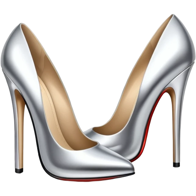 A pair of high heel shoes emoji made of polished silver chrome, elegant sharp silhouette, smooth metallic surface, glossy reflections, luxury sexy vibe, minimalistic iOS emoji style, centered, clean white background emoji