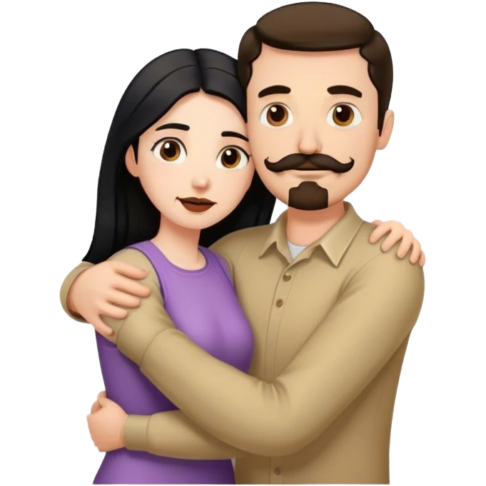 Tall white man with brown mustache goatee AND a short pale woman with long black hair, hugging emoji