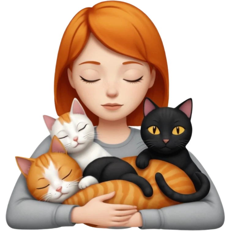 Ginger Girl short hair sleeping with two cats a black and a whole white bigger cat  emoji