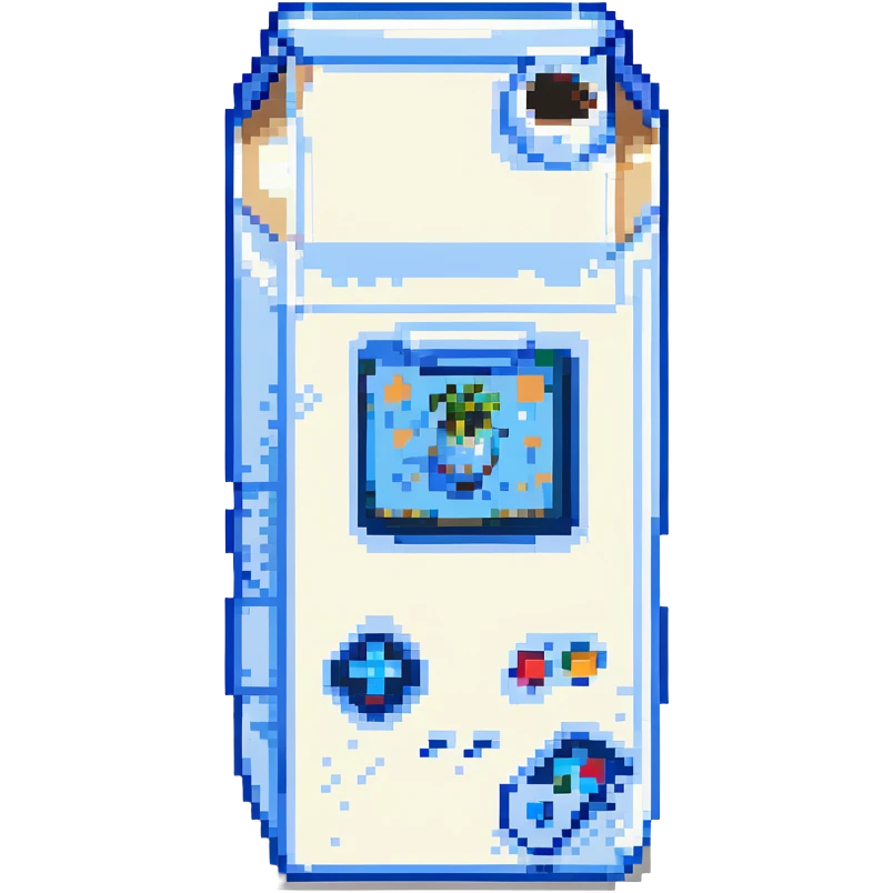 milk carton, retro video game look, white and blue emoji