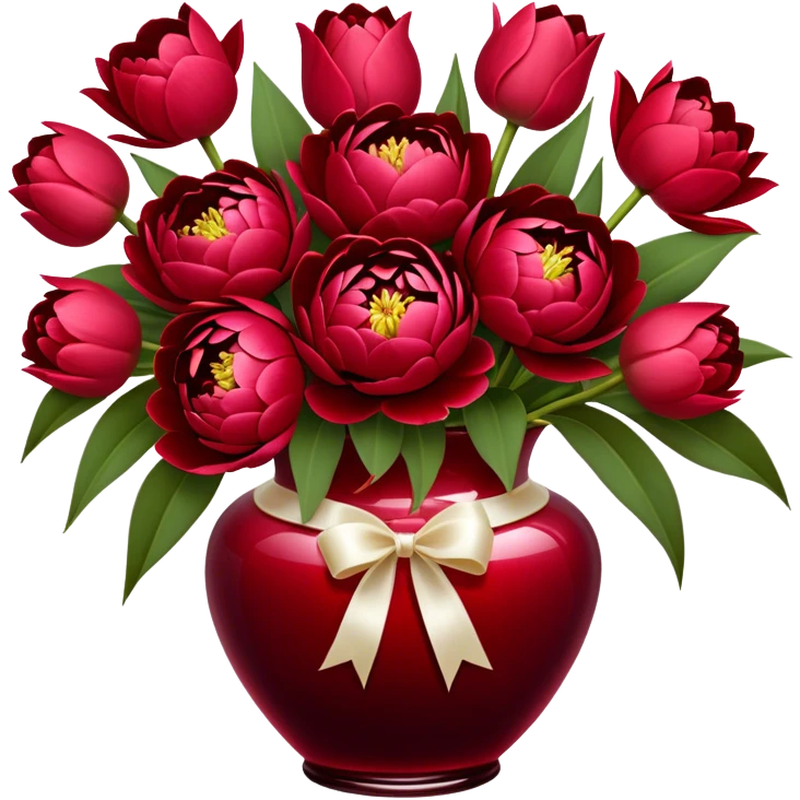 "An exquisite floral arrangement in a deep red glass vase, filled with velvety red peonies, classic roses, and striking tulips, accompanied by silky pearl-colored ribbons that drape gently over the surface." emoji