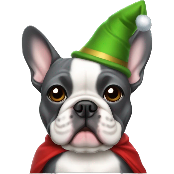 Dark grey French bulldog in elf costume emoji