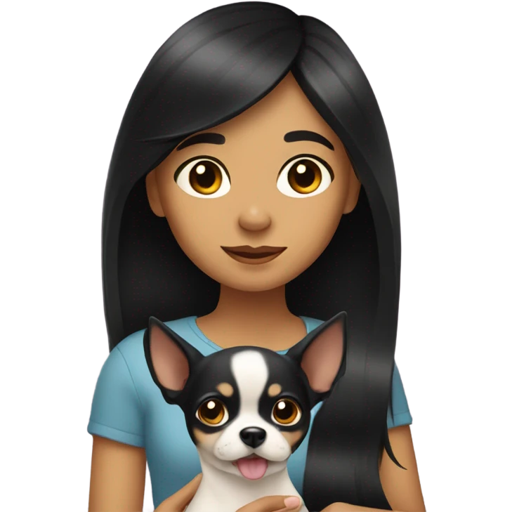 Girl with black hair with a Chihuahua dog￼.  emoji