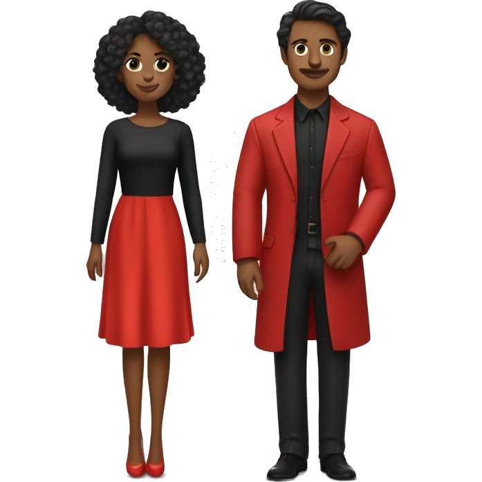 A couple
One figure has long, flowing dark hair, wearing a bright red dress with puffed sleeves, radiating elegance.
The other figure has short, wavy dark hair, dressed in a sleek black shirt, adding a classic, formal vibe.
 emoji