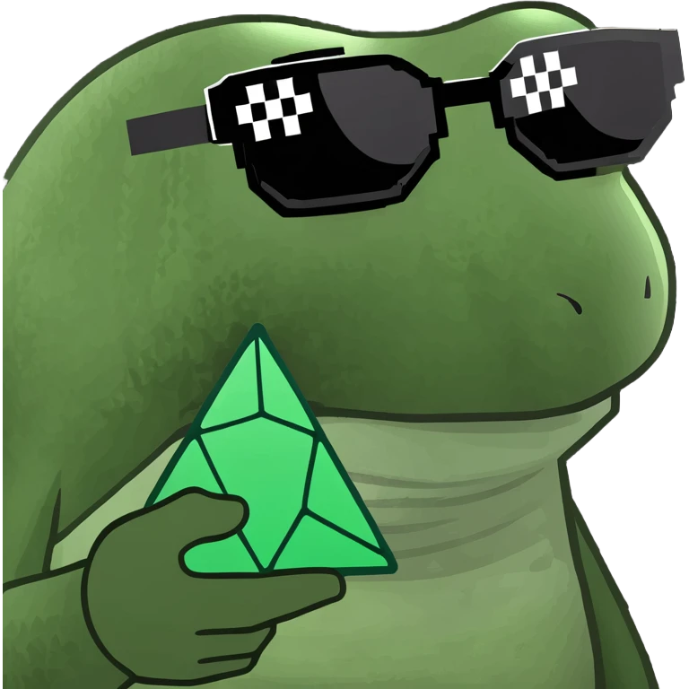 bufo with triangle shaped 8 bit sunglasses full black, confident smile, with a mini full dark powerful orb in his hand emoji