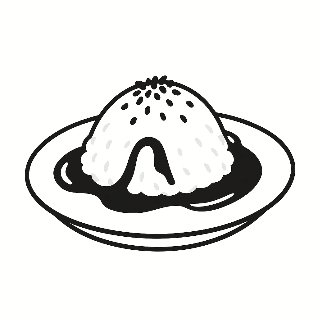 A dish of rice topped with black sesame seeds and soy sauce, black doodle style. emoji
