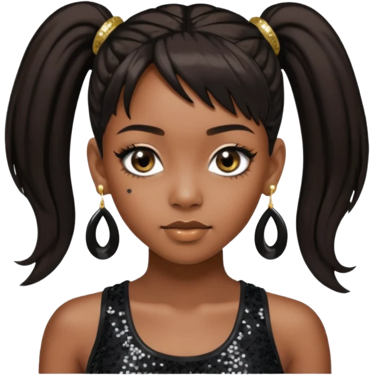 Left Eye from TLC with long dark brown ponytail hair, black sequin crop top, black earring emoji