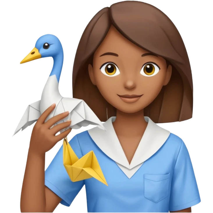 happy-african-young-girl-with-brown-hair-in-a-white-kanga-shirt-holds-an-origami-yellow-and-blue-crane emoji