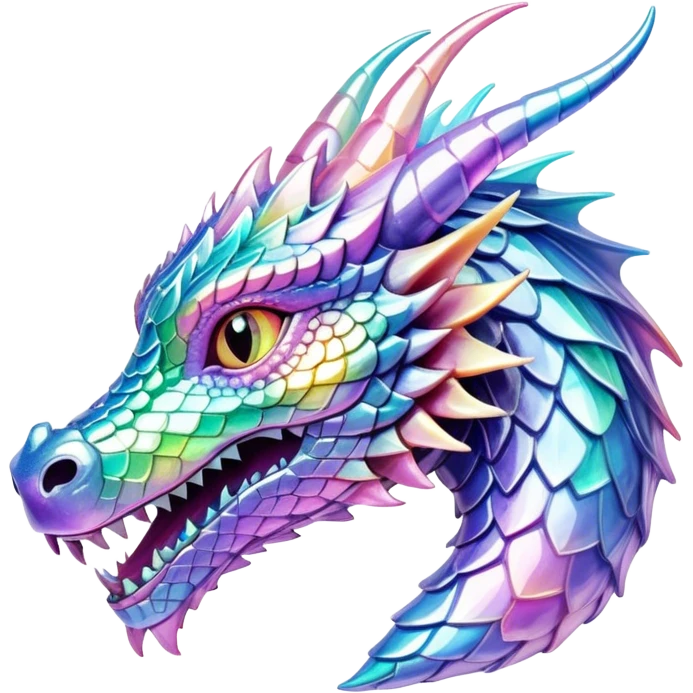 Realistic Sparkly glossy Pastel iridescent glass dragon head profile, emoji