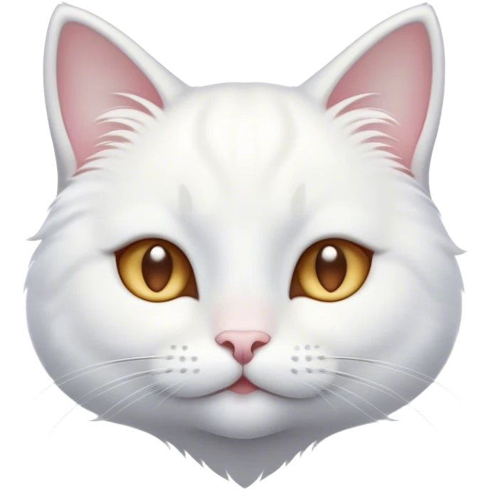Cinematic Cute White Cat Portrait Emoji, Head tilted with a soft, gentle smile and sparkling eyes, featuring a silky, pristine white fur with subtle silver highlights, simplified yet irresistibly adorable, highly detailed, glowing with a warm, snowy glow, high shine, radiating affectionate charm and tender grace, styled with a light, playful outline, capturing the essence of a cute white cat that looks as if it could melt your heart with a single blink! emoji