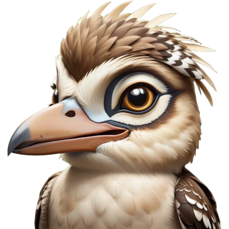 Cinematic Comical Kookaburra Portrait Emoji, Head tilted dramatically with an exaggeratedly amused expression, featuring a strikingly patterned brown and cream plumage with wide, expressive eyes filled with playful disbelief, Simplified yet hilariously expressive features, highly detailed, glowing with a slightly sassy glow, high shine, dramatic yet playful, stylized with an air of cheeky bushland mischief, bright and endearing, soft glowing outline, capturing the essence of a spirited and over‐the‐top kookaburra, so meme‐worthy it feels like it could cackle its way into internet fame instantly! emoji