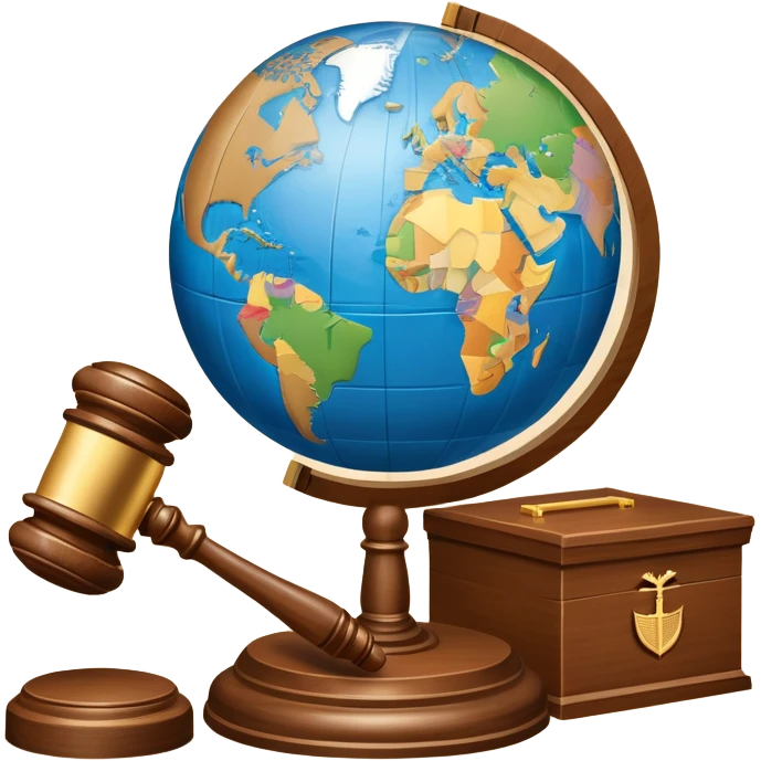 An icon featuring a globe with a gavel and a political map, symbolizing political science. The design includes a ballot box and a podium, representing democracy and governance. Transparent background highlights the study of political systems and global relations. emoji